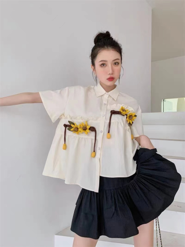 49 rayon 17 nylon 34 polyester daisy tie flower short-sleeved shirt for women, fashionable niche asymmetrical top