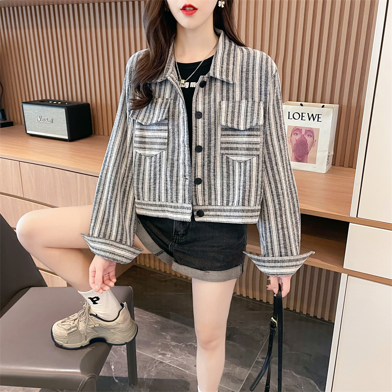 實拍 2024春季韓版寬鬆polo領條紋長袖短款大碼襯衫薄款外套女