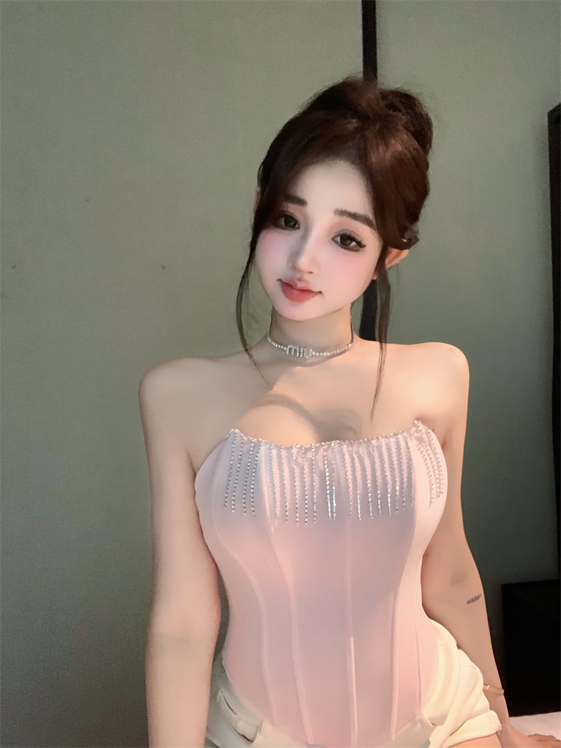 Real shot of Mount Fuji cherry blossom brushed velvet stretch diamond zipper pink herringbone zipper tube top