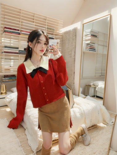 POLO collar bow sweater cardigan women's winter new small loose short embroidered knitted top