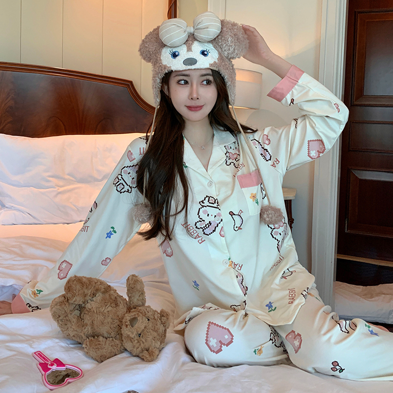 2024 Spring and Autumn Cardigan Pajamas Women's Long Sleeve Two-piece Set Sweet Girly Cartoon Cute Rabbit Print Home Clothes