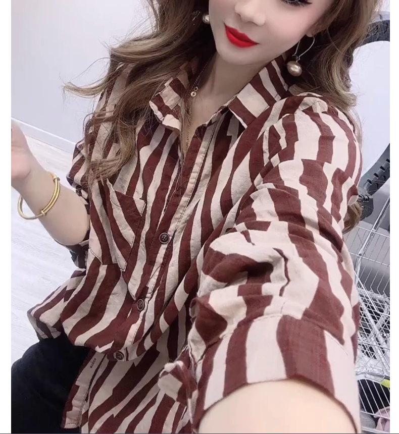 European station spring and autumn cotton and linen shirts loose long-sleeved versatile casual personality striped bottoming shirt tops bottoming shirt