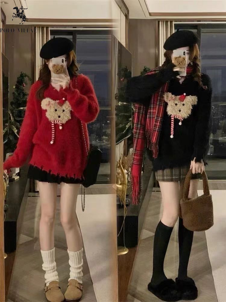 新年紅色v領小狗套頭毛衣女秋冬季2024新款慵懶風軟糯水貂絨上衣