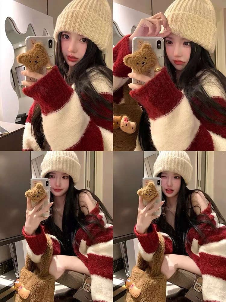 NAYACHAN 慵懶風100純羊毛條紋加厚毛衣開衫女冬季中長款寬鬆外套