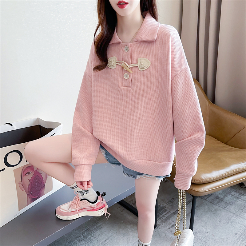 Actual shot of 2024 spring new Korean style loose back collar waffle POLO collar simple large size thin sweatshirt for women