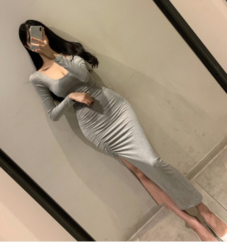Sexy hot girl slit slim long-sleeved dress women's spring and autumn tight slimming bottoming with long skirt