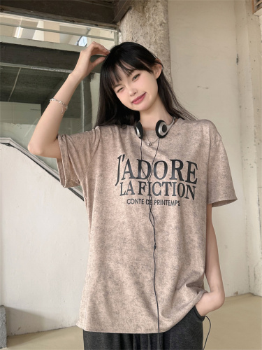 Real shot of women's right shoulder T-shirt short sleeve 2024 summer new loose printed slim top ins