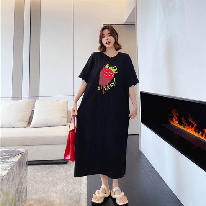 大碼女裝胖妹妹2024夏季新款圓領寬鬆百搭森系連衣裙