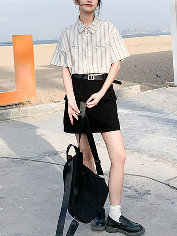 日系復古豎條紋短袖襯衫女夏季小眾學院風襯衣寬鬆休閒上衣