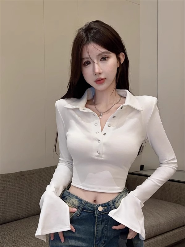 秋冬獨特别致甜辣緊身短款polo領正肩上衣設計感小眾打底衫女內搭