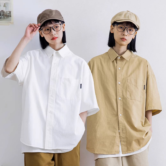 Pure cotton summer solid color Japanese retro single-breasted casual loose short-sleeved lapel shirt for women