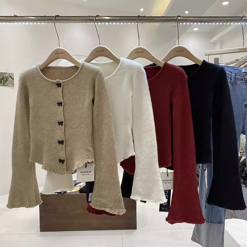 New autumn and winter French style slim slim-fitting bow-knot ear-edged bell-sleeve knitted cardigan for women