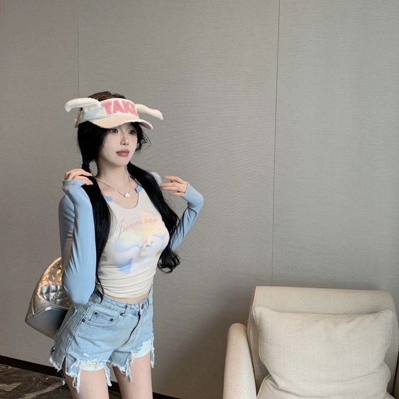260 grams Korean version hot girl v-neck cat print long-sleeved T-shirt women's slim fit short style contrasting color