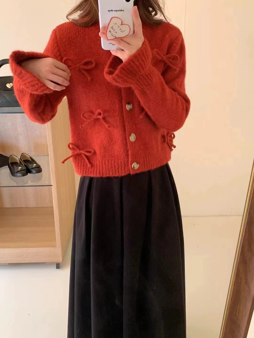 Korean 2024 new design chic bow red knitted cardigan trumpet sleeve sweet sweater
