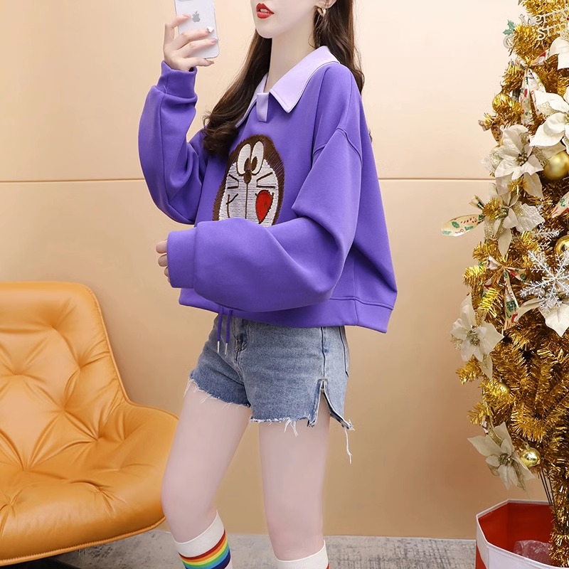 Official picture of imitation cotton Chinese cotton composite non-pilling 2024 spring design Korean style embroidered drawstring Polo collar sweatshirt for women