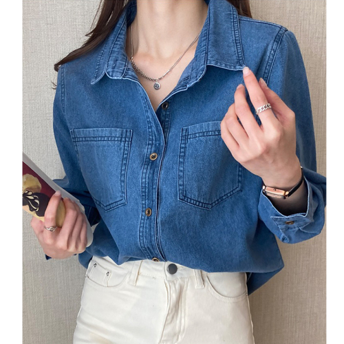 Internet celebrity spring new style Hong Kong style denim shirt jacket women's design long-sleeved Korean style shirt top