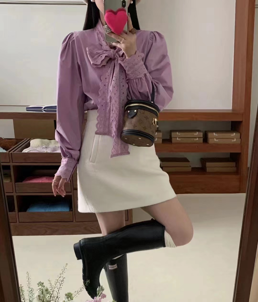 韓國chic新款氣質百搭蕾絲系蝴蝶結長袖蕾絲袖口女士襯衫