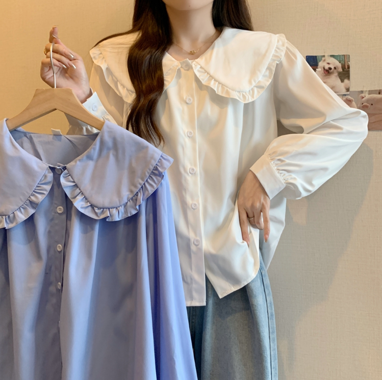 2024春裝新款實拍大碼女裝氣質荷葉邊娃娃翻領長袖襯衫M-4XL200斤