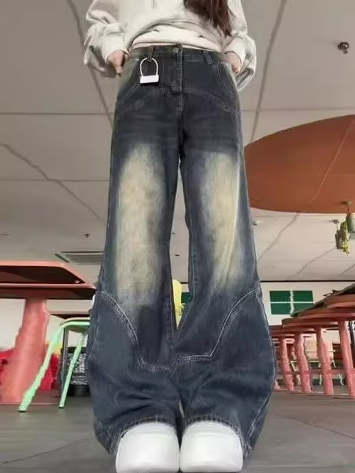 美式復古水洗拼接做舊牛仔褲女直筒寬鬆顯瘦闊腿拖地長褲子ins潮