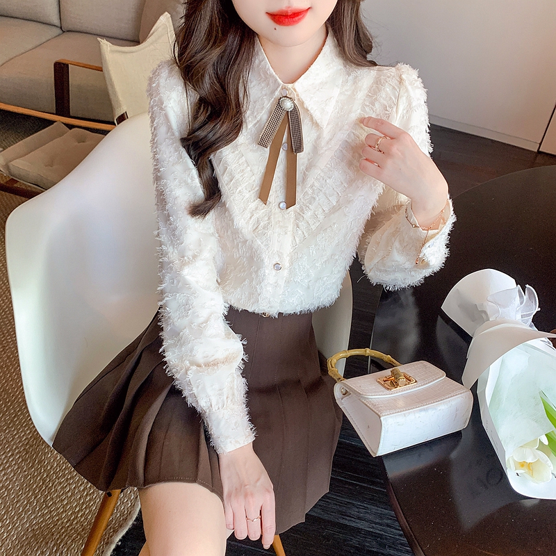 Lapel shirt women's long sleeve 2024 spring and autumn new French style inner shirt off-white college style bow tie