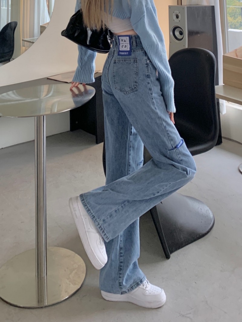 實拍 早春新款寬鬆直筒高腰割破貼布長牛仔褲女
