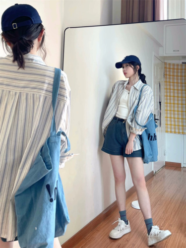 Spring and Autumn thin striped shirt women's Korean style shirt jacket design niche blue French mid-length top trendy