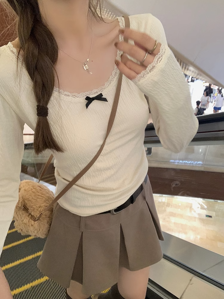 U-neck bow design small fragrant style lace shirt T-shirt women's autumn and winter slim pure desire long-sleeved bottoming top