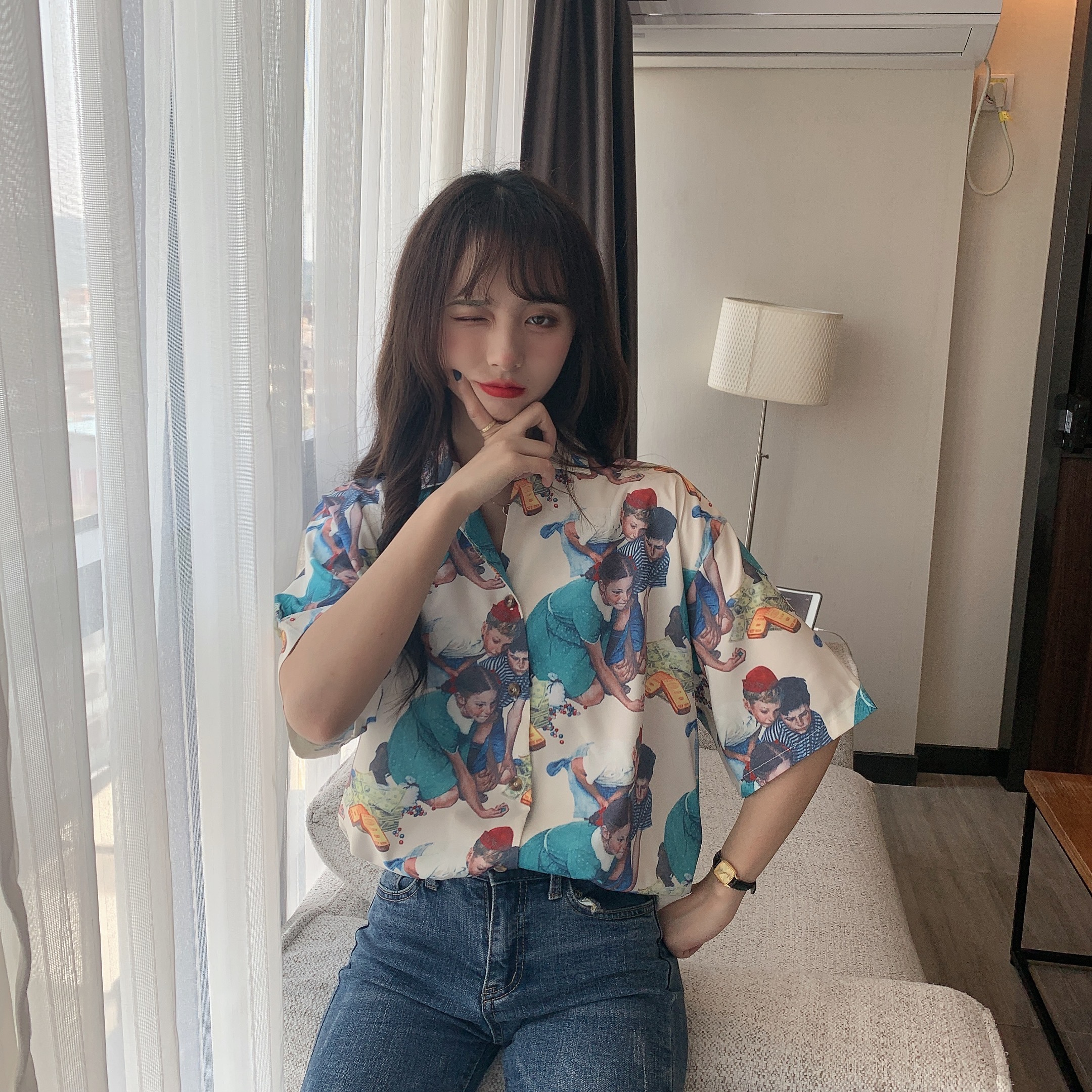 實拍  花襯衫女新款2024年復古港味泰國風襯衣設計感短袖上衣