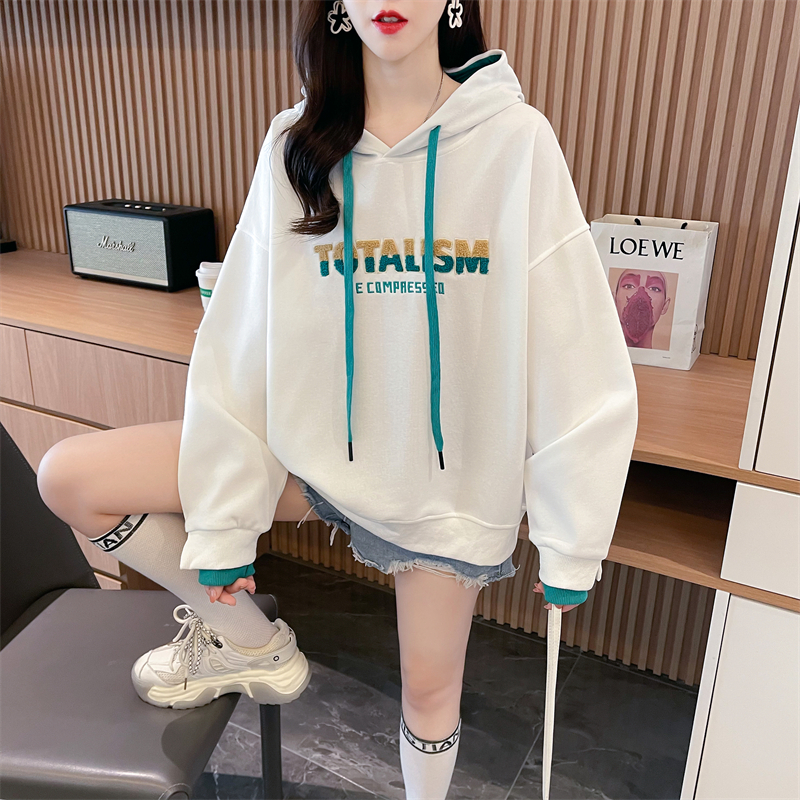 Real shot 2024 spring Korean version loose back collar Chinese cotton composite hooded cartoon large size thin sweatshirt for women