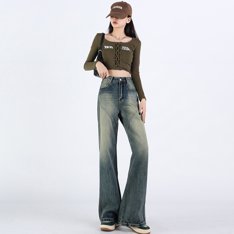 Real shot of retro blue jeans for women in early spring new high-waisted straight-leg loose wide-leg niche wide-leg floor mopping pants