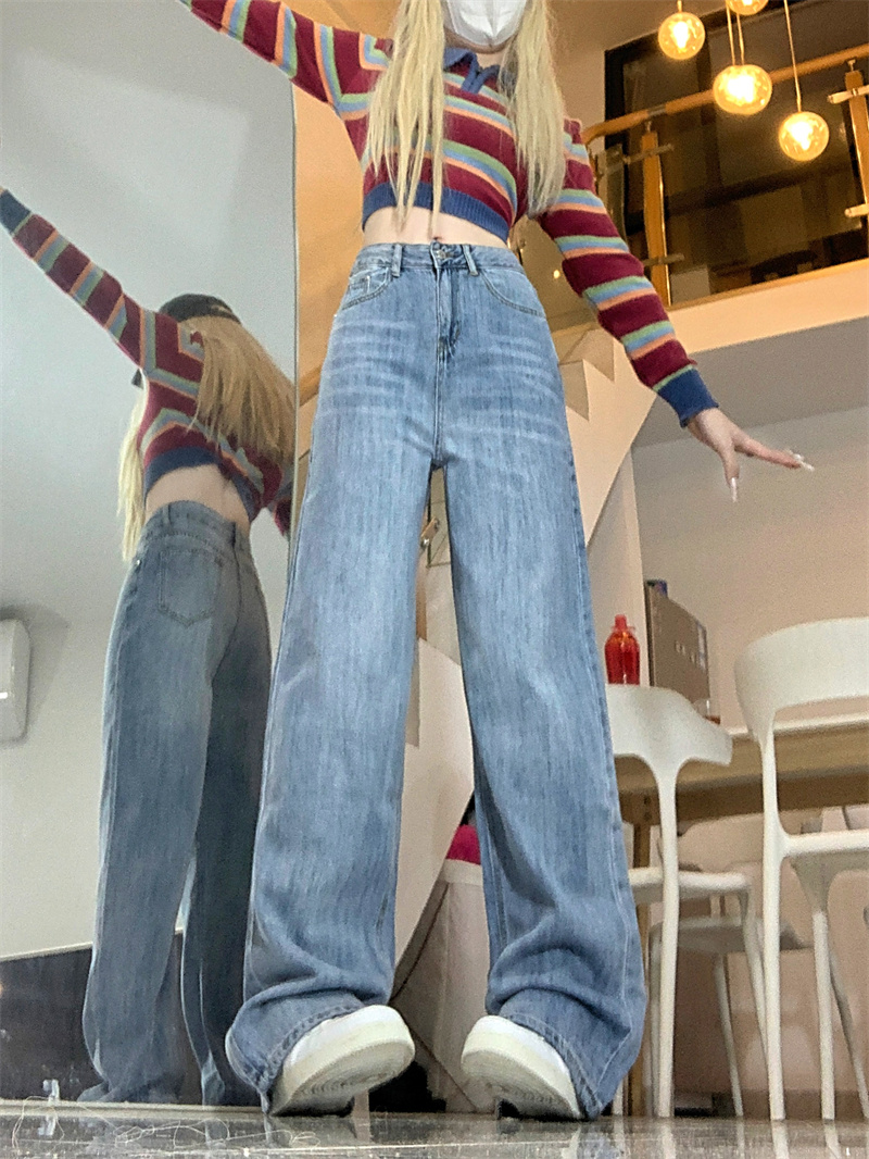 實拍高腰闊腿褲女長褲秋季韓版開叉牛仔褲直筒寬鬆垂感拖地褲
