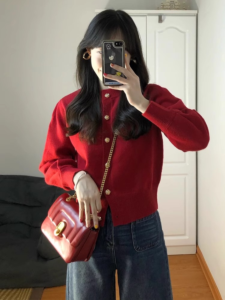 Retro New Year Outfit Red Zodiac Year Sweater Women's Autumn and Winter 2024 New Short Knitted Cardigan Jacket Top