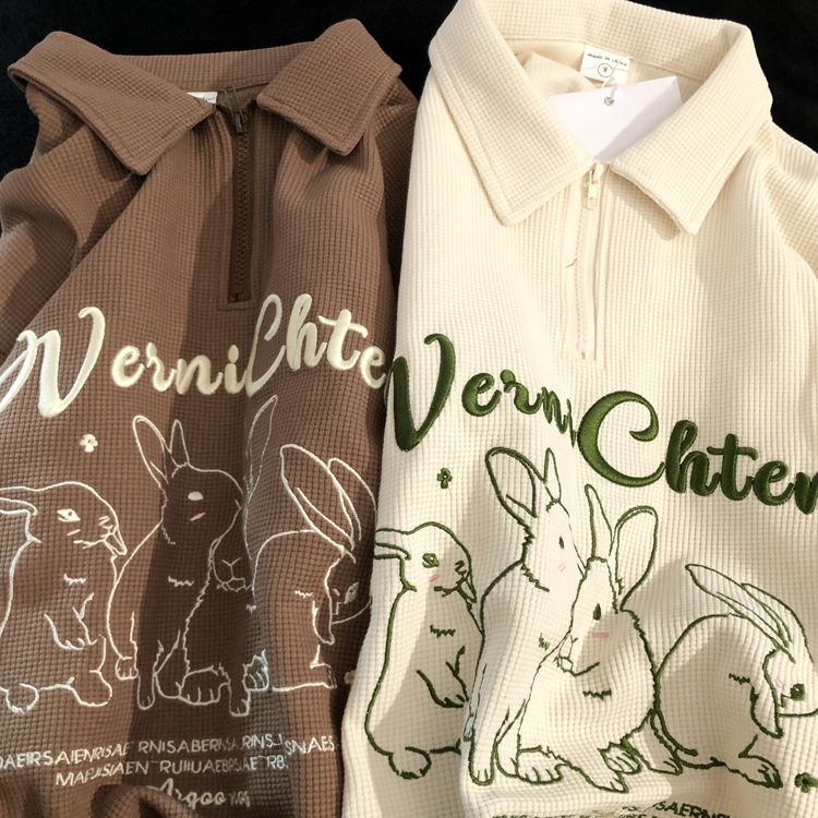 Official picture 330g waffle sweatshirt for women spring and autumn loose thin embroidered lapel 2024 new long sleeve plus size women's clothing