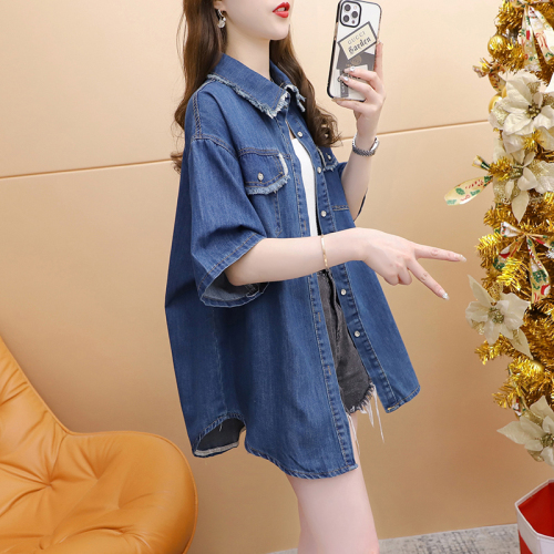 韩版短袖牛仔衬衫女夏季宽松大码洋气设计感毛边复古上衣潮