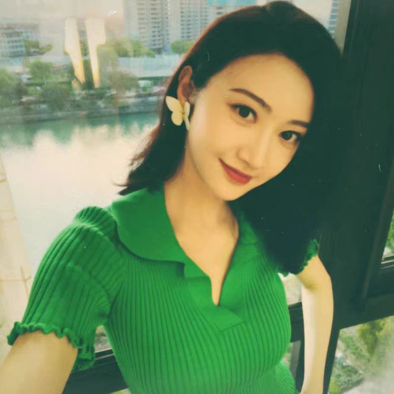 景甜明星同款針織衫女夏薄款法式氣質綠色翻領polo衫短袖上衣T恤