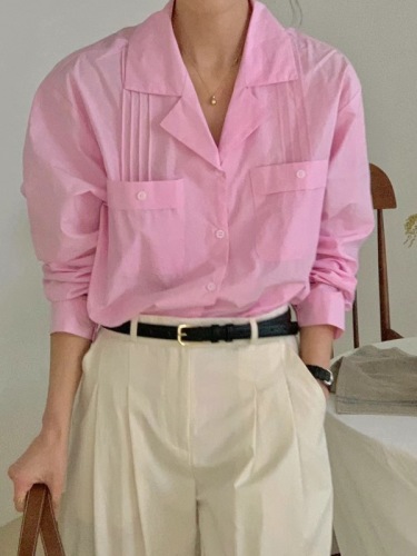 韩国时尚气质双口袋早春款百搭西装领通勤女士长袖衬衫