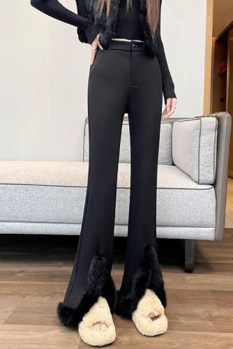 Slit slightly flared suit pants for women autumn and winter 2024 new black fashion plus velvet casual narrow wide leg flared pants