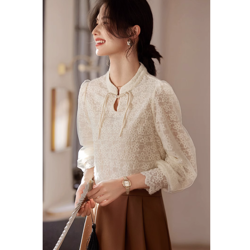 XWI/Xinwei New Chinese Retro Button Chiffon Shirt Women's Spring Elegant National Style Lace Splicing Top