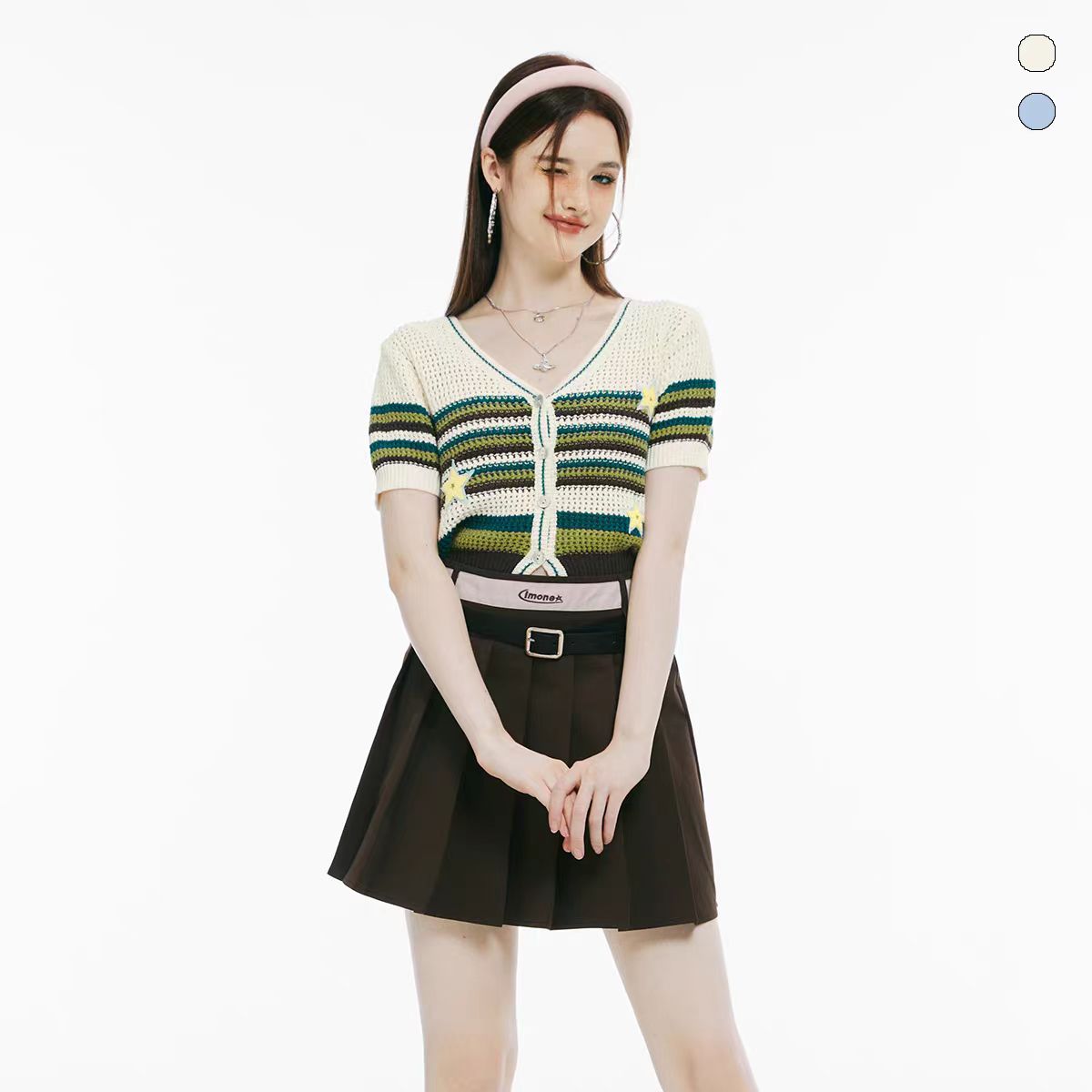 星星貼布繡V領短袖針織衫女年夏季新款撞色條紋短款小衫