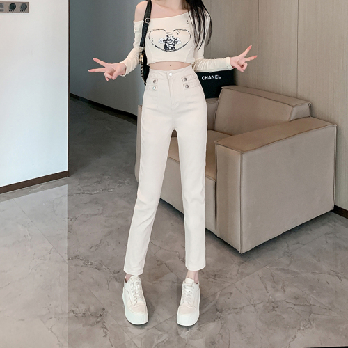 Real shot~Korean style high-waisted small-leg pants with button-tab decorative jeans for women 2024 spring slim-fitting trousers