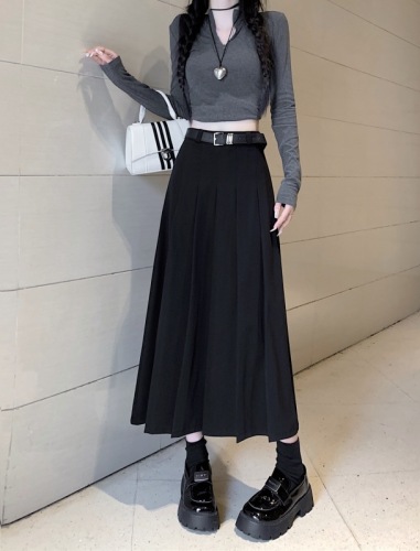 Actual shot of the new Korean style solid color high-waist slim pleated long skirt for women with wide swing long skirt