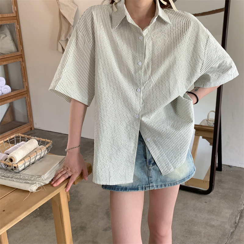 實拍80棉20滌2024夏季新款條紋短袖襯衣灰色襯衫別致上衣