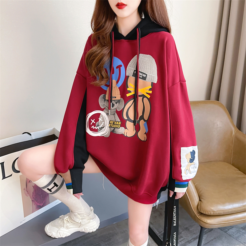 Real shot 2024 spring Korean version loose back collar Chinese cotton composite hooded cartoon large size thin sweatshirt for women