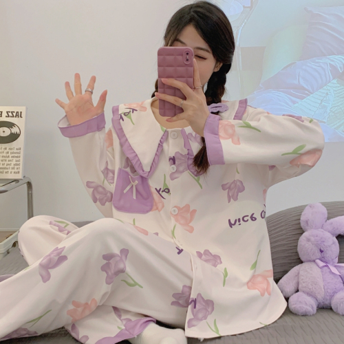 2024 spring new Korean style women's long-sleeved trousers princess collar imitation cotton pajamas creative printing style sweet and fresh