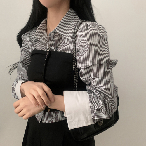春季韩版条纹显瘦袖口拼色长袖职业通勤女士衬衣