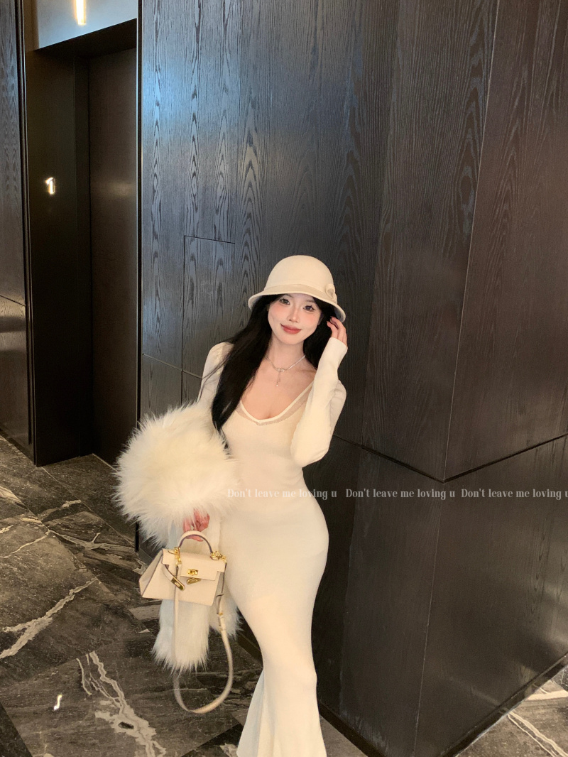 實拍 針織連衣裙女秋冬內搭打底魚尾長裙