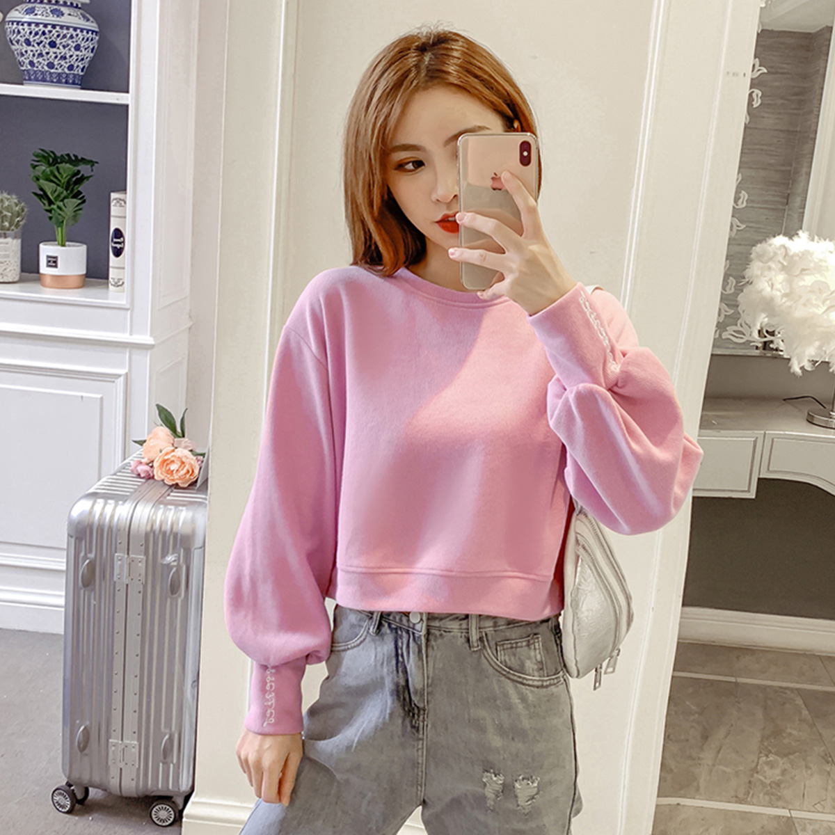 Quality Inspection Official Picture Short Sweatshirt Women's Spring and Autumn Thin Design Niche Outerwear Long Sleeve Sweet and Spicy Short Top