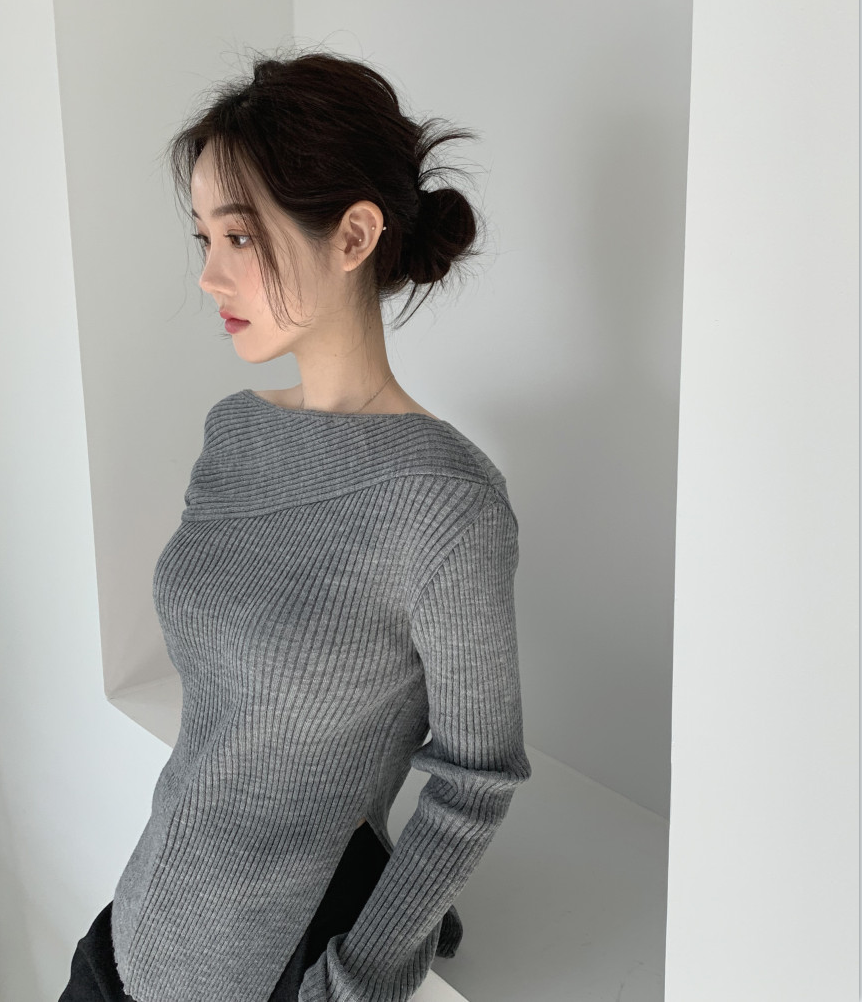 大量  尺碼更新韓國ins早春薄款露肩開叉修身顯瘦長袖針織衫