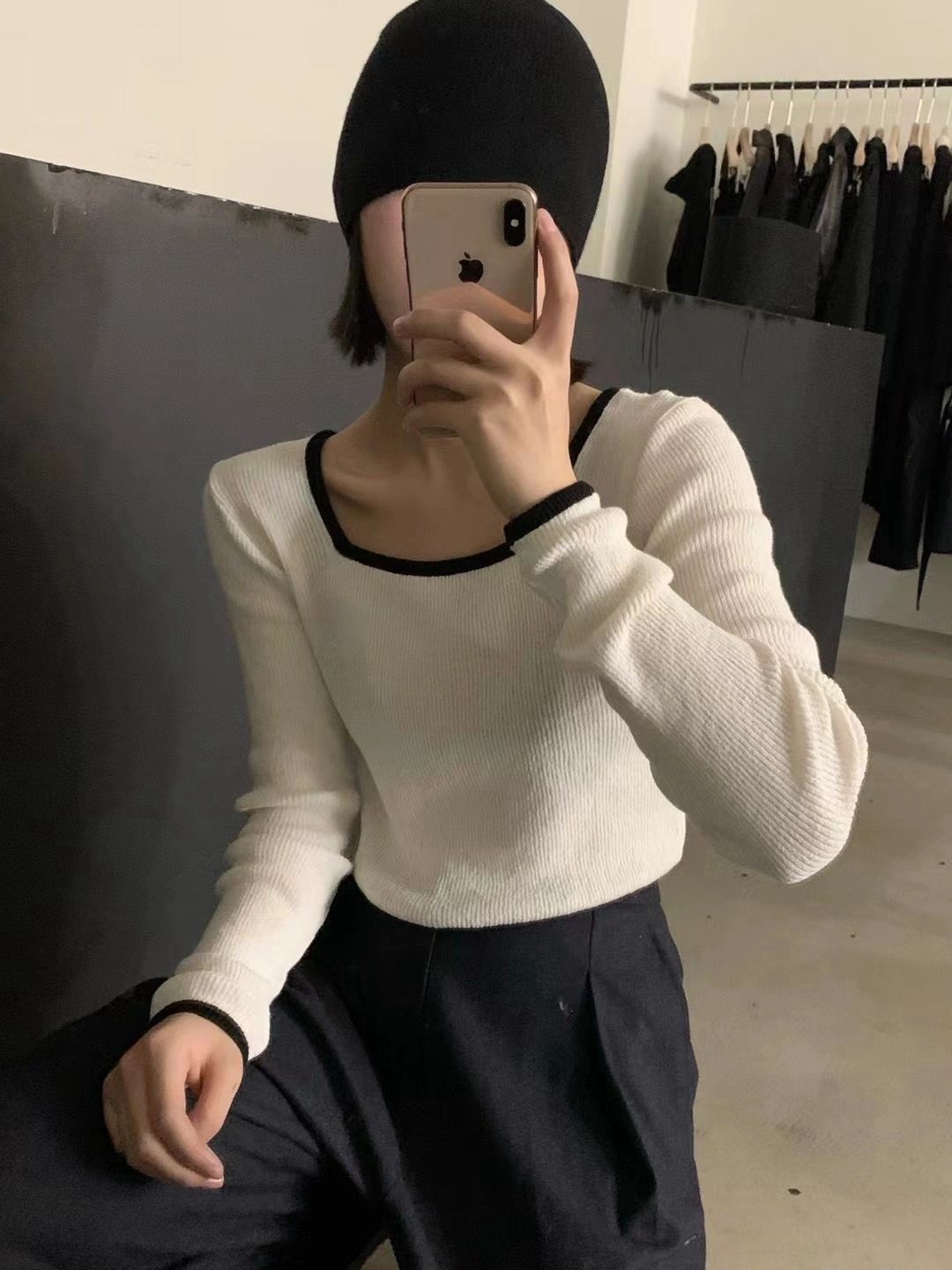 方領撞色T短款毛衣女2024春秋款修身軟糯針織打底衫內搭長袖上衣
