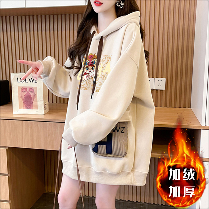 First imitation Chinese cotton velvet plus velvet thickened three-dimensional bag 2024 New Year hooded sweatshirt for women